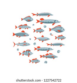 Vector illustration with sketches of fish. Round composition. Hand drawn seafood. Blue design. trout, cod, herring, dorado, pike, tuna, carp, pike perch, sturgeon, perch