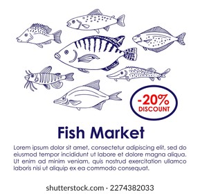 Vector illustration with sketches of fish. Round composition. Hand drawn fish. Blue design. Fish Market. Poster for seafood menu.