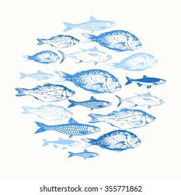 Vector illustration with sketches of fish. Round composition. Hand drawn seafood. Blue design.