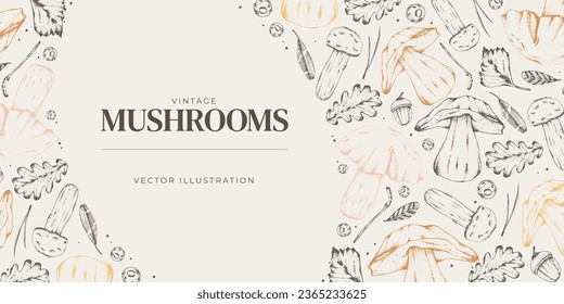 Vector illustration. Sketches of forest plants. Graphic horizontal banner made of porcini, branches, leaves. Mushrooms. For menu design, labels, product packaging