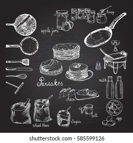 vector  illustration  sketches
on blackboard , pancakes and ingredients , cookware crockery