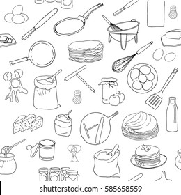 vector  illustration  sketches
on blackboard , pancakes and ingredients , cookware crockery