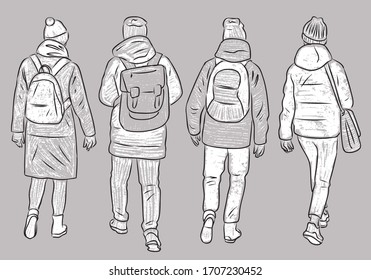 Vector illustration of sketches teens students walking outdoors 