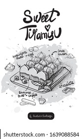 Vector illustration sketching of a delicious tiramisu cake and its ingredients. Tiramisu cake recipe in drawings. Lettering.