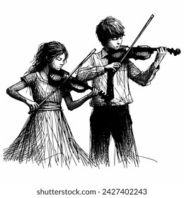 A vector illustration in sketching style of a couple playing the violins, featuring a boy and a girl