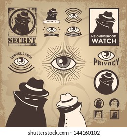 Vector Illustration of sketchy criminal, secret spy, government surveillance, private detective, undercover spy investigation, danger, villain, confidential information & neighborhood watch sign.Eps10