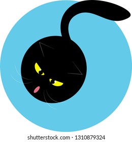 Vector illustration, sketchy image of a nice black cat looking straight up, logo, blue circle background