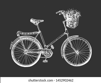 Vector illustration of sketchy style bike for lady. Street city bicycle spring flowers basket. On black board chalk hand drawing