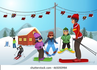 A vector illustration of ski instructor teaching children how to ski