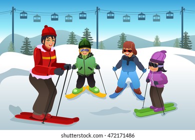 A vector illustration of ski instructor teaching children how to ski