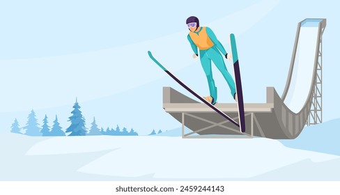 A vector illustration of a ski jumper about to launch off a ramp in a snowy mountain landscape, conceptualizing winter sports. Vector illustration