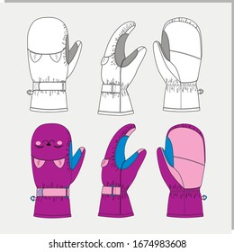 vector illustration of ski mittens for children in pink with cats