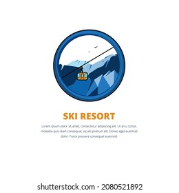 Vector illustration with ski resort banner template. Consept with ski lift and snowy mountains.