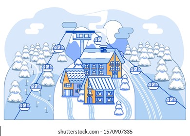 Vector illustration. Ski resort with cable car. Around the mountains and ski slope. There are a lot of Christmas trees on the mountains. All objects on different layers, they can be animated.