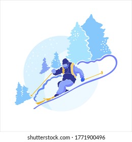 Ilustración vectorial del concepto de estación de esquí. Ilustración en invierno de la combinación de colores de un esquiador que baja por la montaña.