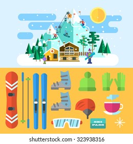 Vector illustration ski resort. Landscape and icons.  Flat style.