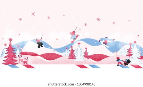 Vector illustration of ski resort winter wonderland in pink and blue background. A cute ski mountain with skier,snow,pine tree and antilope or deer. Winter landscape.