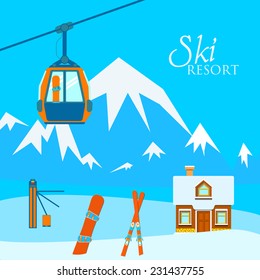 Vector illustration of a ski with skis, ski poles, wooden house, snowboarding, turnstile, badges, mountains and snow.