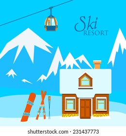 Vector illustration of a ski with skis, ski poles, wooden house, snowboarding, mountains and snow.