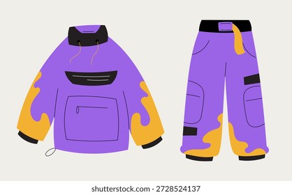 Ilustração vetorial do traje de esqui com jaqueta e calças. Equipamento de esportes de inverno para esqui, snowboard, atividades de resort alpino, viagens de tempo frio e recreação ao ar livre. Roupa isolada