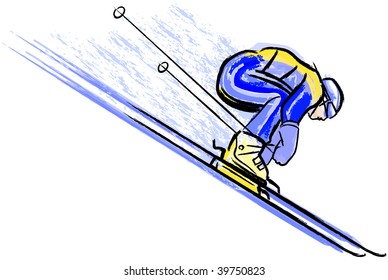 Vector illustration of skier in dry chalkcharcoal pencil and watercolor technique