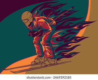 vector illustration of skier with flames design