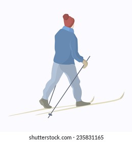 Vector illustration of a skier gliding on a snow-covered backcountry. Winter recreational activities and active lifestyle illustration. Advertising design elements.