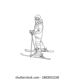 Vector illustration of a skier isolated on the lines. A child on skis as a logo, emblem, coloring book of a skier isolated on the lines. A child on skis as a logo, emblem, coloring book