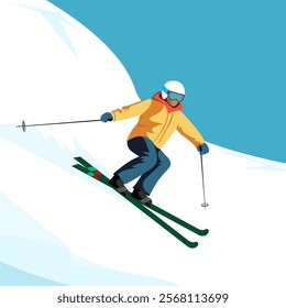 Vector illustration of a skier in motion, descending a snowy slope on a clear day. The skier is dressed in bright winter clothing and safety gear.