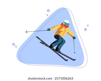 Vector illustration of a skier in motion, wearing bright sportswear and goggles, skiing downhill against a stylized snowy mountain backdrop.