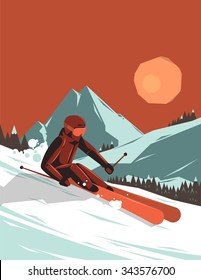 vector illustration with skier in the mountains