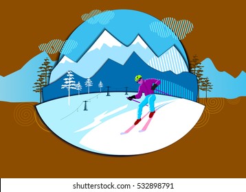 Vector illustration of skier in mountains.  Skiing. Vector design of skiing. Recreation in the snowy mountains  in winter.
