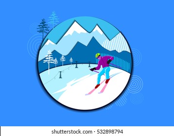 Vector illustration of skier in mountains.  Skiing. Vector design of skiing. Recreation in the snowy mountains  in winter.