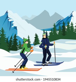ilustración vectorial de las montañas esquiadoras máscara de esquí de nieve descansa en las montañas