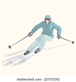 Vector illustration of a skier on downhill. Winter recreational activities and sport illustration. Advertising design elements.