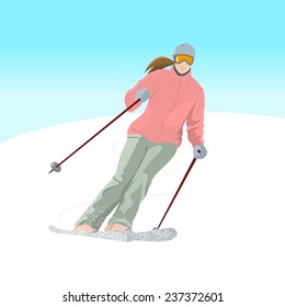Vector illustration of a skier on downhill. Winter recreational activities and sport illustration. Advertising design elements.