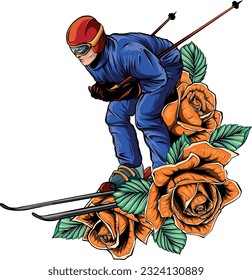 ilustración vectorial del esquiador con rosas sobre fondo blanco