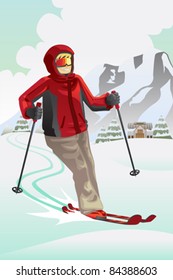 Vector illustration of a skier skiing in the mountain