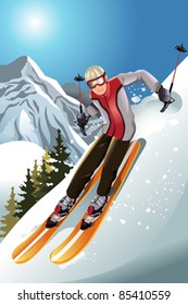 A vector illustration of a skier skiing in the mountain