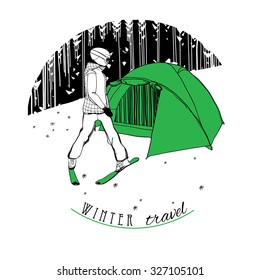Vector illustration of skier with a tent on snow. Backgroung forest.Can used for  Emblem and logo