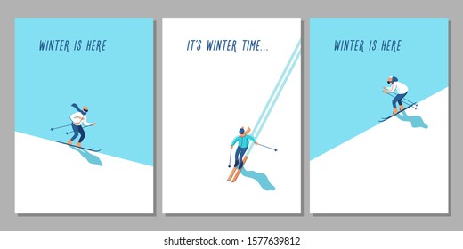 Vector illustration of skiers on mountain with text. Sports men in the ski resort. Winter seasonal activity.