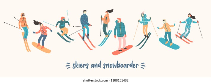 Vector illustration of skiers and snowboarders. Sports men and women in the ski resort. Trendy retro style.