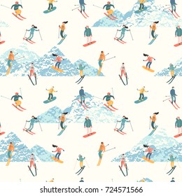 Vector illustration of skiers and snowboarders. Sports men and women in the ski resort. Trendy retro style. Seamless pattern.