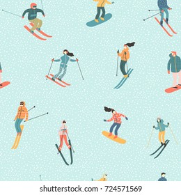 Vector illustration of skiers and snowboarders. Sports men and women in the ski resort. Trendy retro style. Seamless pattern.