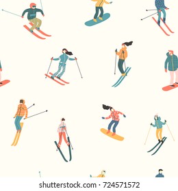 Vector illustration of skiers and snowboarders. Sports men and women in the ski resort. Trendy retro style. Seamless pattern.