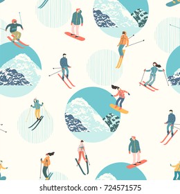 Vector illustration of skiers and snowboarders. Sports men and women in the ski resort. Trendy retro style. Seamless pattern.