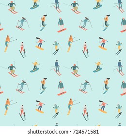 Vector illustration of skiers and snowboarders. Sports men and women in the ski resort. Trendy retro style. Seamless pattern.