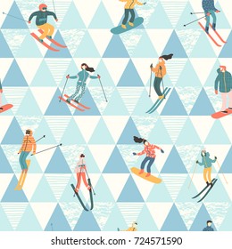 Vector illustration of skiers and snowboarders. Sports men and women in the ski resort. Trendy retro style. Seamless pattern.