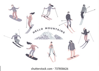 Vector illustration of skiers and snowboarders. Sports men and women in the ski resort. Trendy retro style.