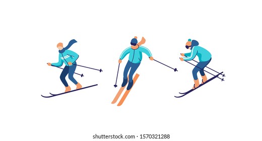 Vector illustration of skiers. Sports men in the ski resort. Winter seasonal activity.